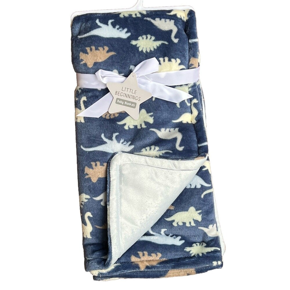 Little Beginnings Blue Dinosaur Baby Blanket Soft Plush Reversible Boys New
